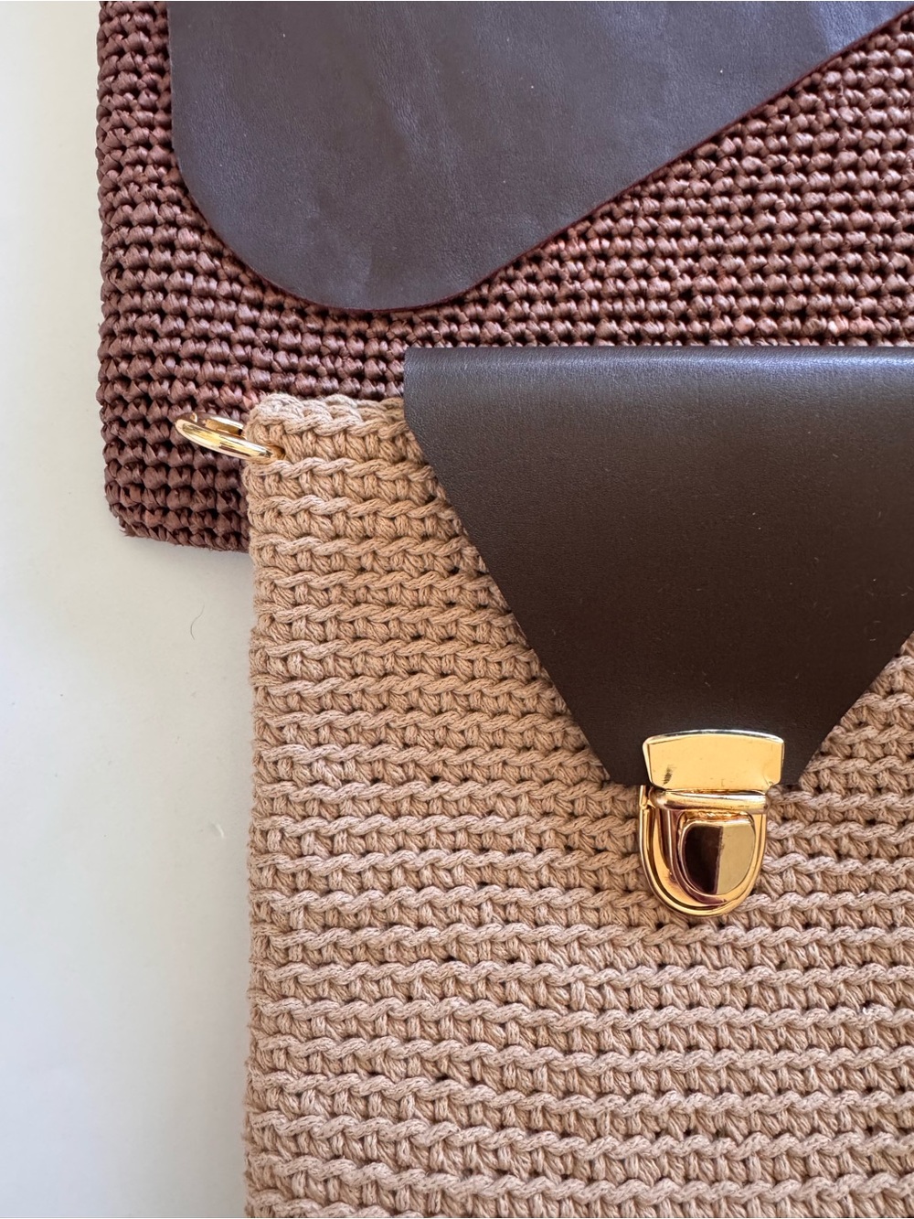 Two-Tone Crochet Wristlet Clutch in Beige and Dark Brown - Picture 2 of 6